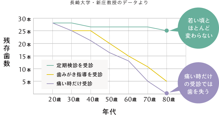 80歳での残存歯数：痛い時だけ受診した人はほとんどの歯を失ってしまいますが、定期検診を受診した人は若い頃とほとんど変わりません